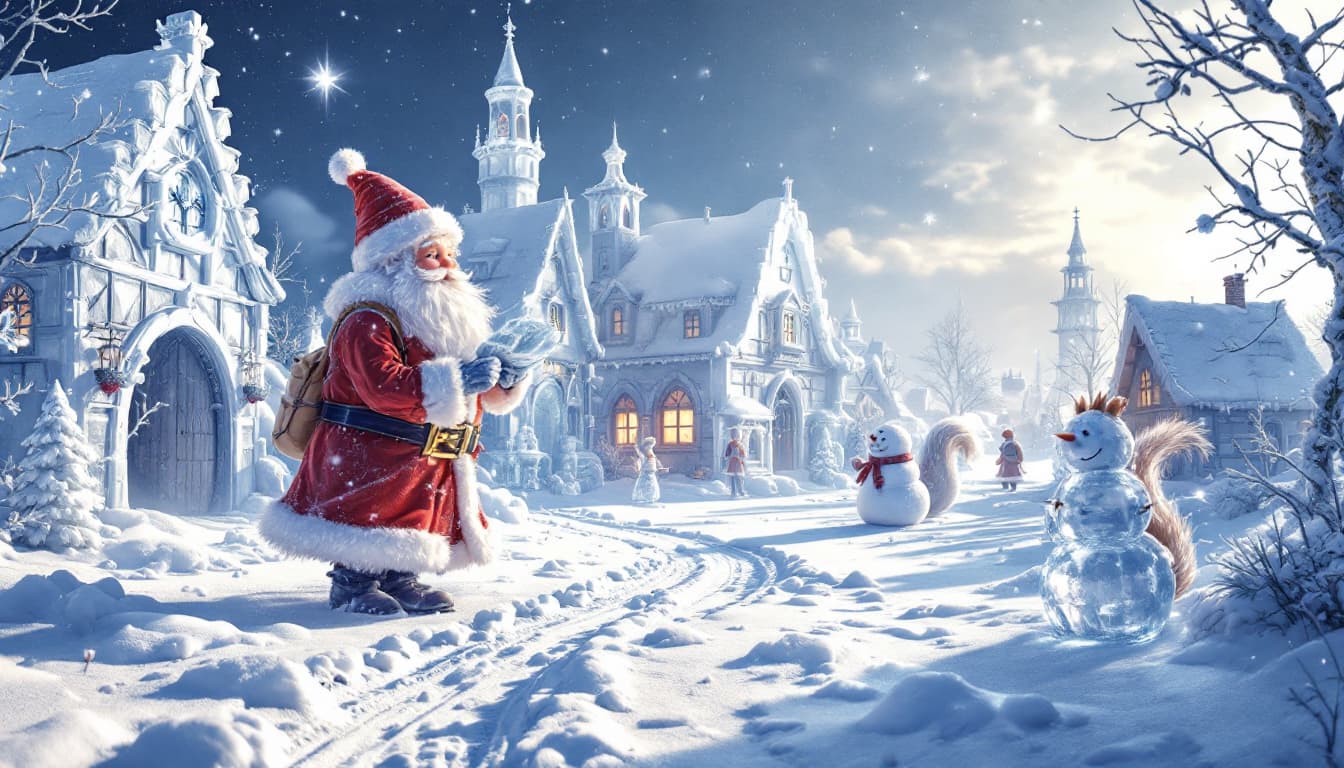 AI generated: 3D render of a photorealistic Victorian era ice town. Ice fairytale sculptures of Santa, snowman, sq...
