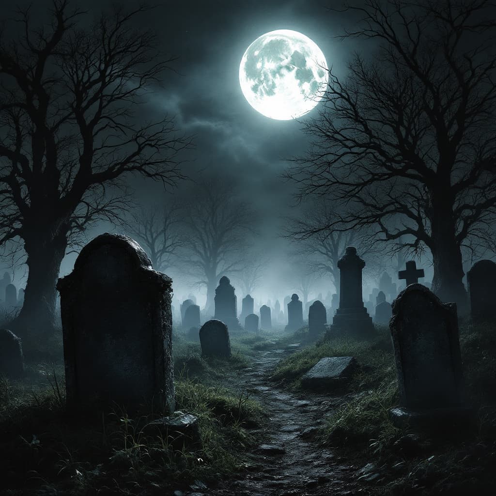 AI generated: A scene of a haunted graveyard under a full moon. The style is reminiscent of classic horror films, ...