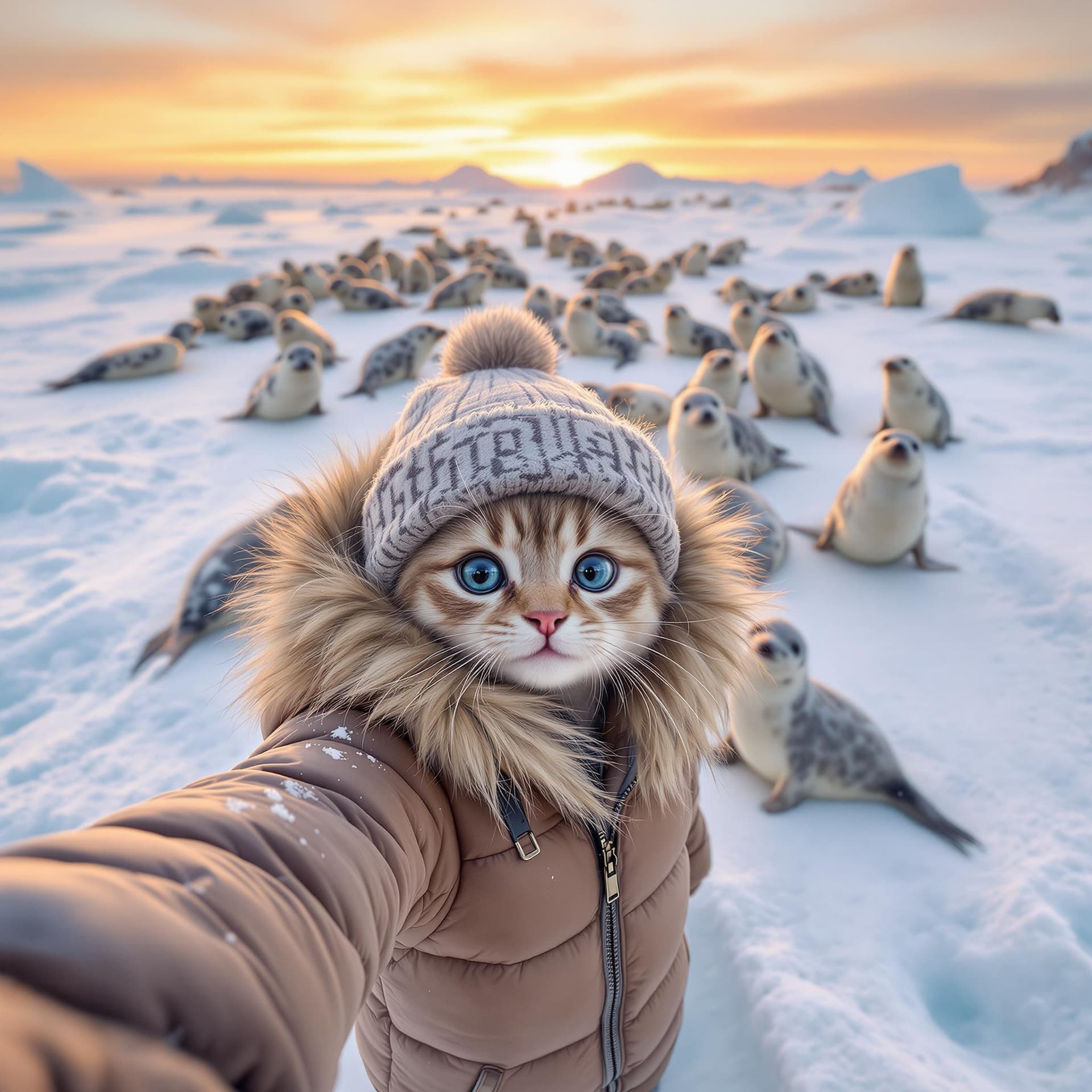 AI generated: In the snow, there is an ice field with many seals standing on it. A real cute baby cat wearing a br...