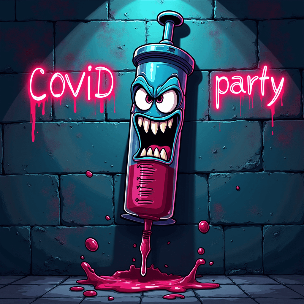 AI generated: cartoon image of a syringe, the syringe itself is displaying an angry face and crazy eyes, the syrin...