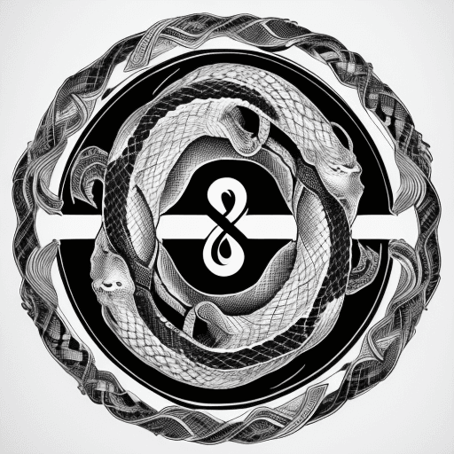 AI generated: Ouroboros, snake, black and white engraving, ouroboros, vintage, ink, white background, simple, viki...
