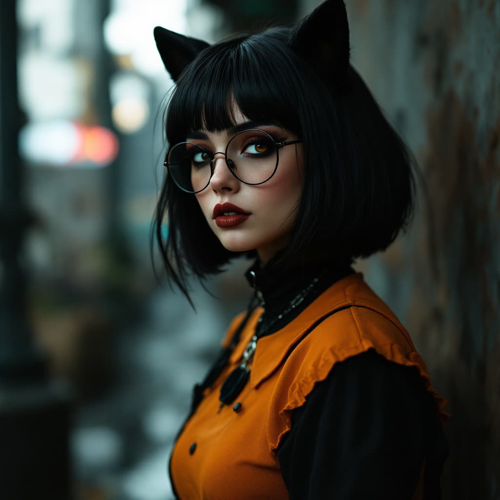 AI generated: goth girl astestic, velma from scooby-doo, a woman wearing eye glasses and an orange top, goth style...