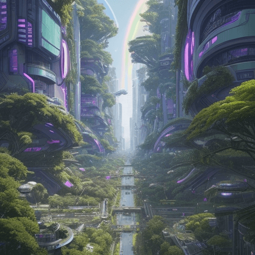 AI generated: a view of a city with a lot of trees and bushes, garden, a lot of flying objects , future city, in f...