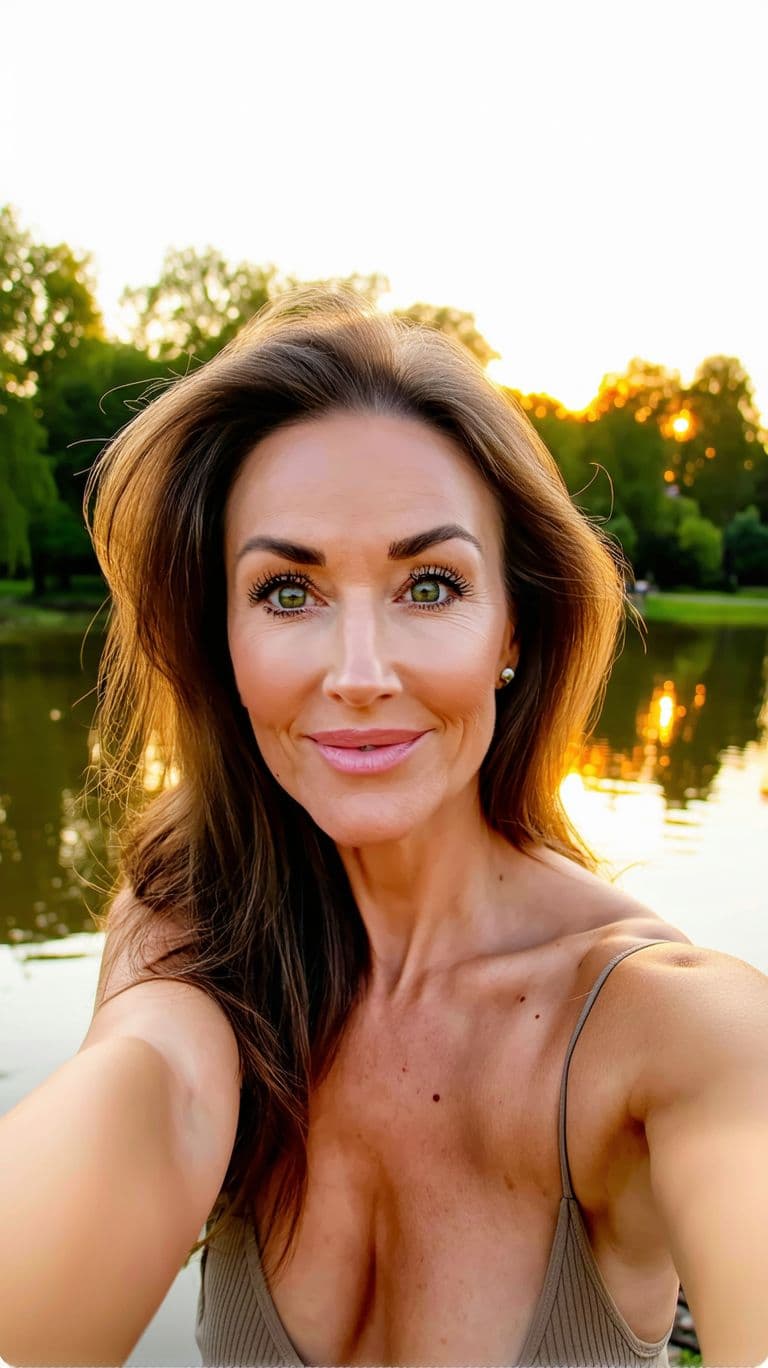 AI generated: A hyper-realistic portrait of an attractive woman taking a selfie in a park during sunset. She has l...