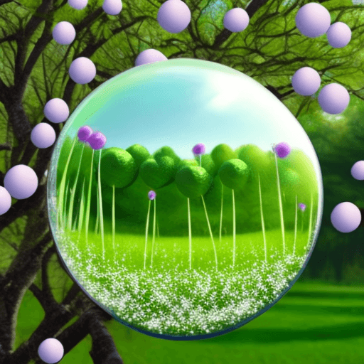 AI generated: spring flowers, ball bubble, trees in round glass, nature, simplicity design, green gradient beautif...