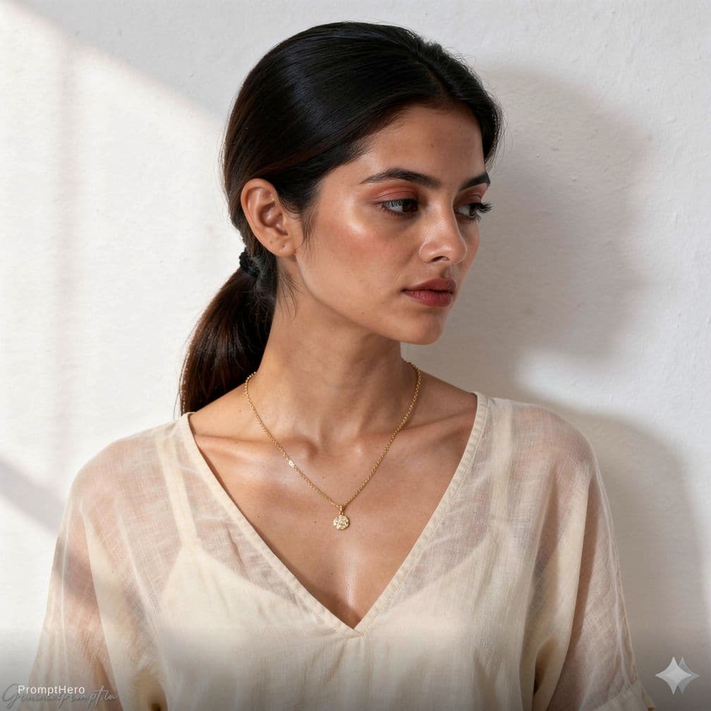AI generated: Create a highly detailed, photorealistic image of a fit adult woman wearing a delicate cream-colored...