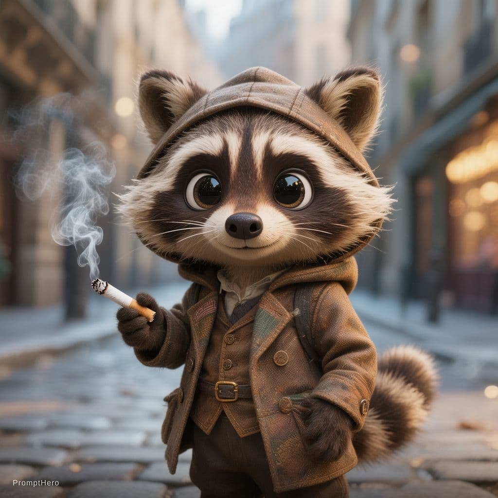 AI generated: 3D cartoon Disney character portrait render. un racoon en costume 3 pieces descendant un rue de pari...