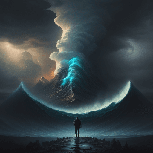 AI generated: a man standing under an angry cloud, in the style of apocalypse art, fantastic landscapes, spectacul...