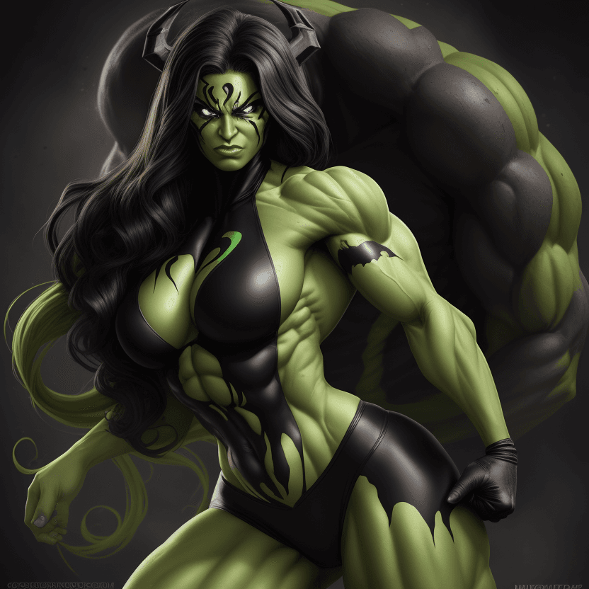 AI generated: 1 bodybuilder woman wearing symbiote, She-Hulk, young beautiful face, soft face, full body visible,