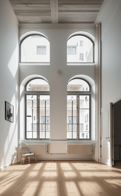 AI generated: High resolution photography of the interior of apartments with wooden floor finishes and white paint...