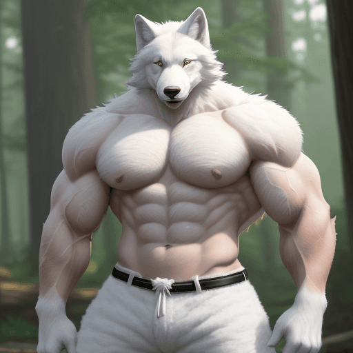 AI generated: ((extremely detailed)), anthro furry (white wolf), ((((solo, 1boy, )))), ((bodybuilder, veiny muscle...