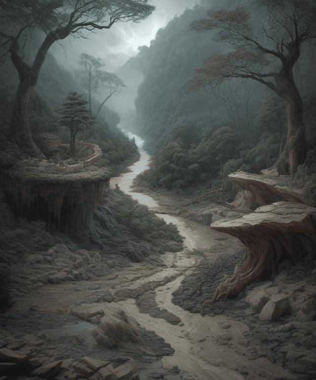 AI generated: storm,typhon,rock fill river,litter,
natural disaster in forest, flood landslide, no human character...