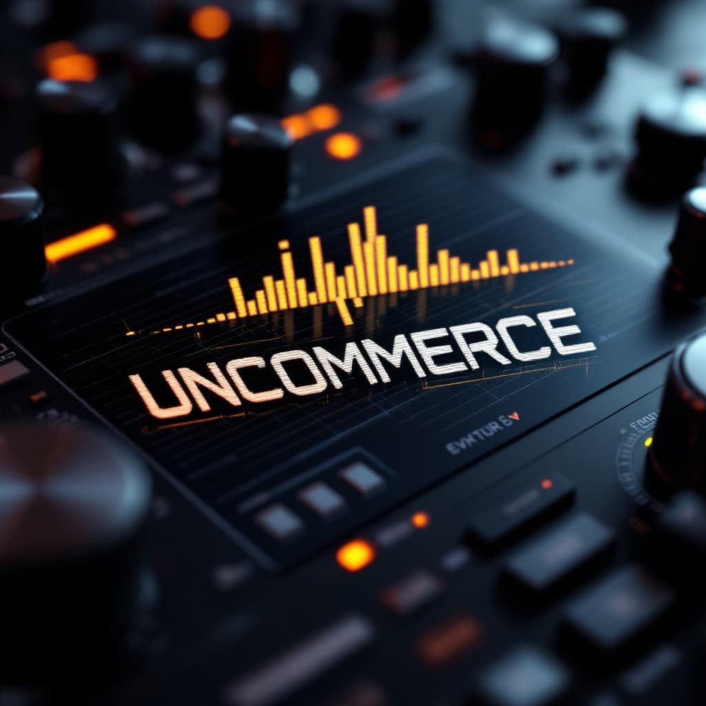 AI generated: futuristic glitch text logo "UNCOMMERCE" over dark synthesizer interface, high-tech UI, audio spectr...