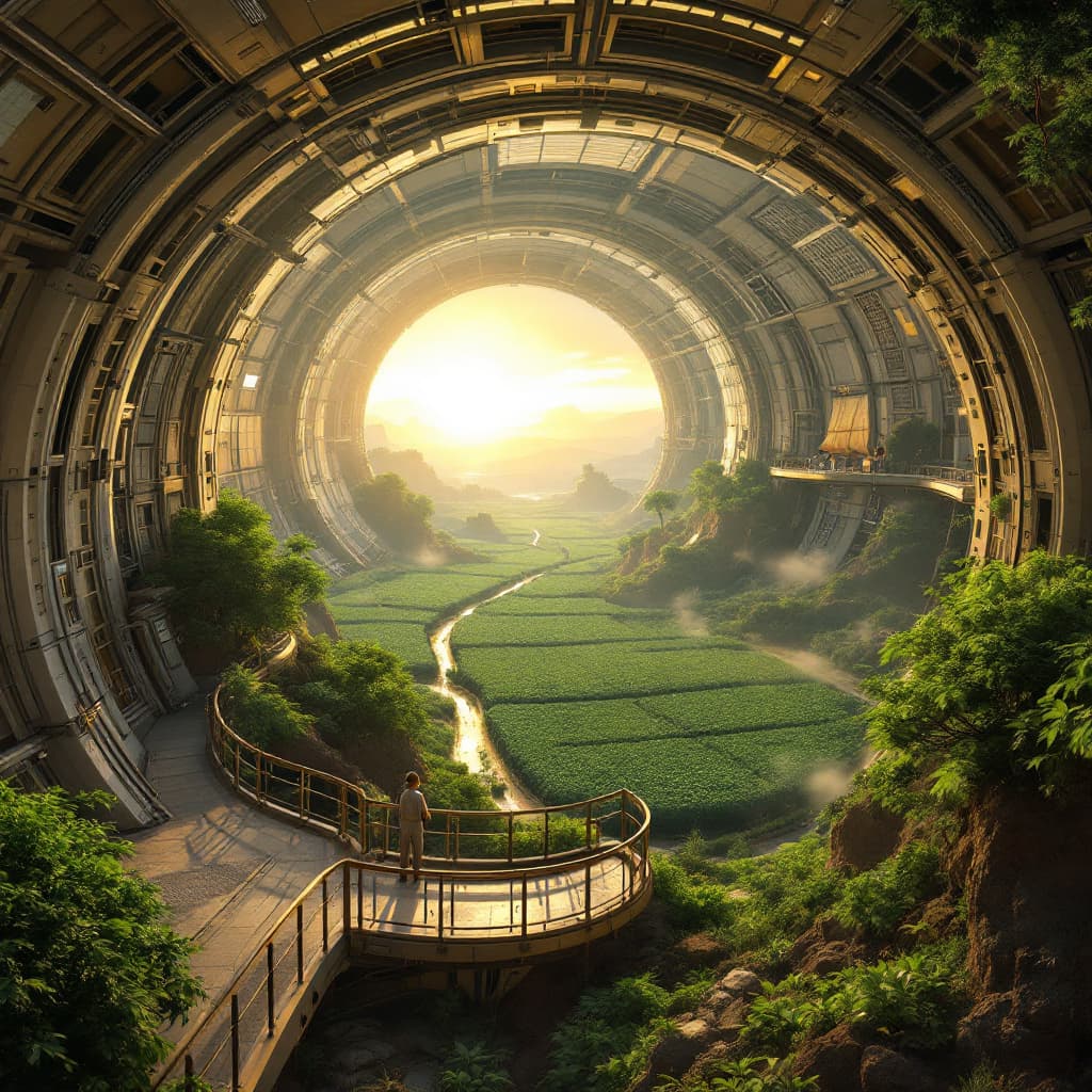AI generated: A breathtaking view from inside a massive Von Braun Wheel space station, inspired by the works of Ar...