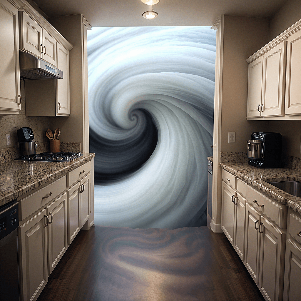 AI generated: (stormy tornado swirl )[[ in the middle of messy kitchen, accidental photo ]]
