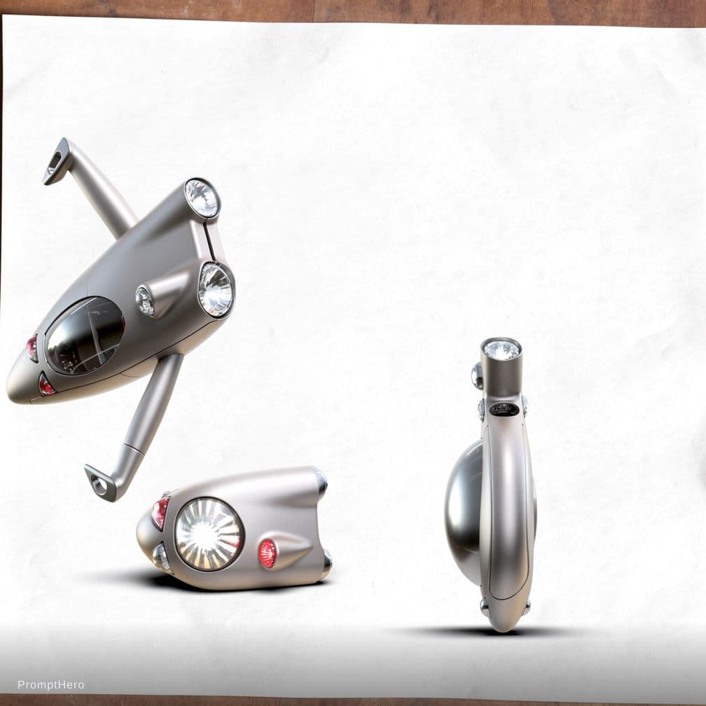 AI generated: a realistic rendering of my flying hover car. the smaller circles at the front are headlights , the ...