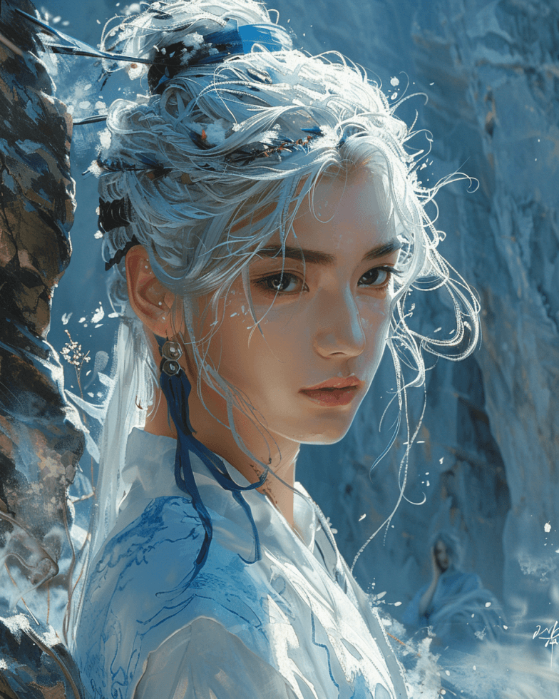 AI generated: a Chinese boy with white hair living in a cave, a celestial being, wears white Hanfu, has a headband...