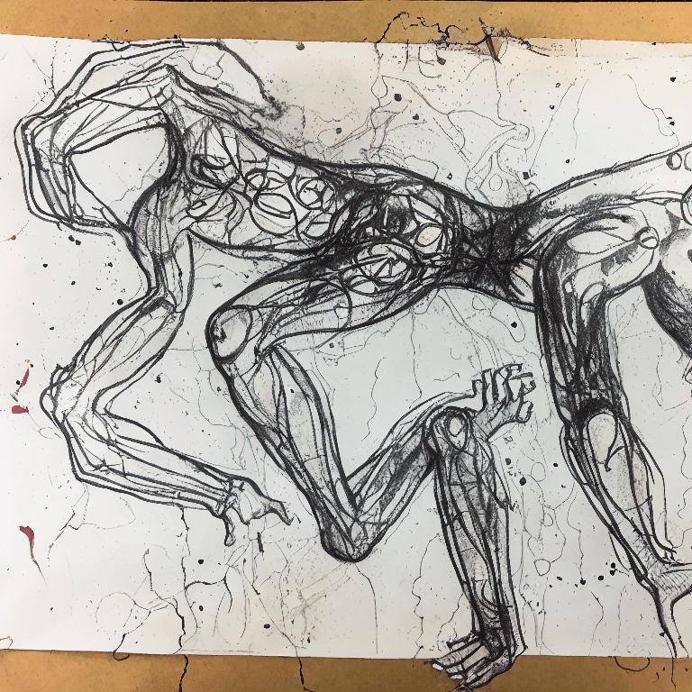 AI generated: Ink illustration,  paranoid, annotated, messy, disorganized, with Anatomical non -finished drawing, ...