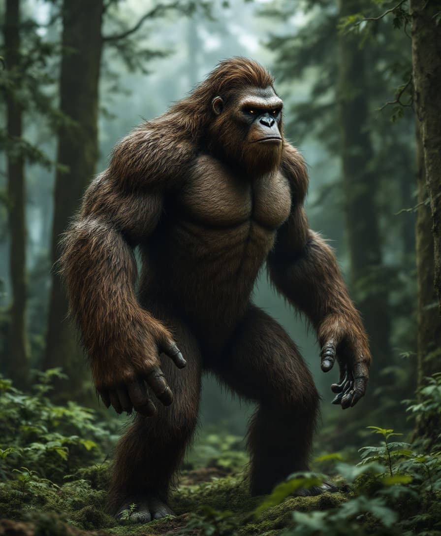 AI generated: A full body shot of a bigfoot in the forest, the bigfoot is brown, hairy, and muscular, it has a hum...