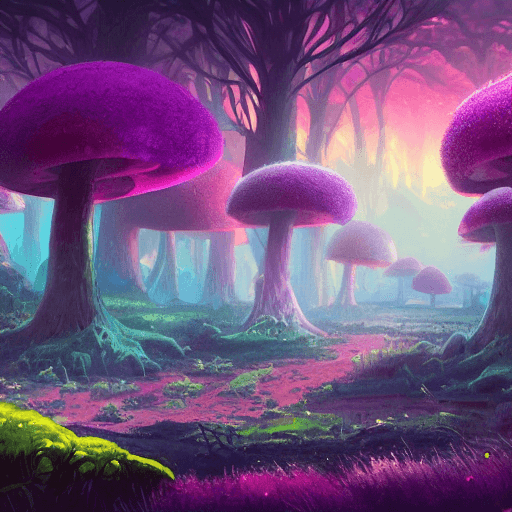 AI generated: concept art painting of a fantasy alien fungal landscape at night, magenta trees, glowing blue mushr...