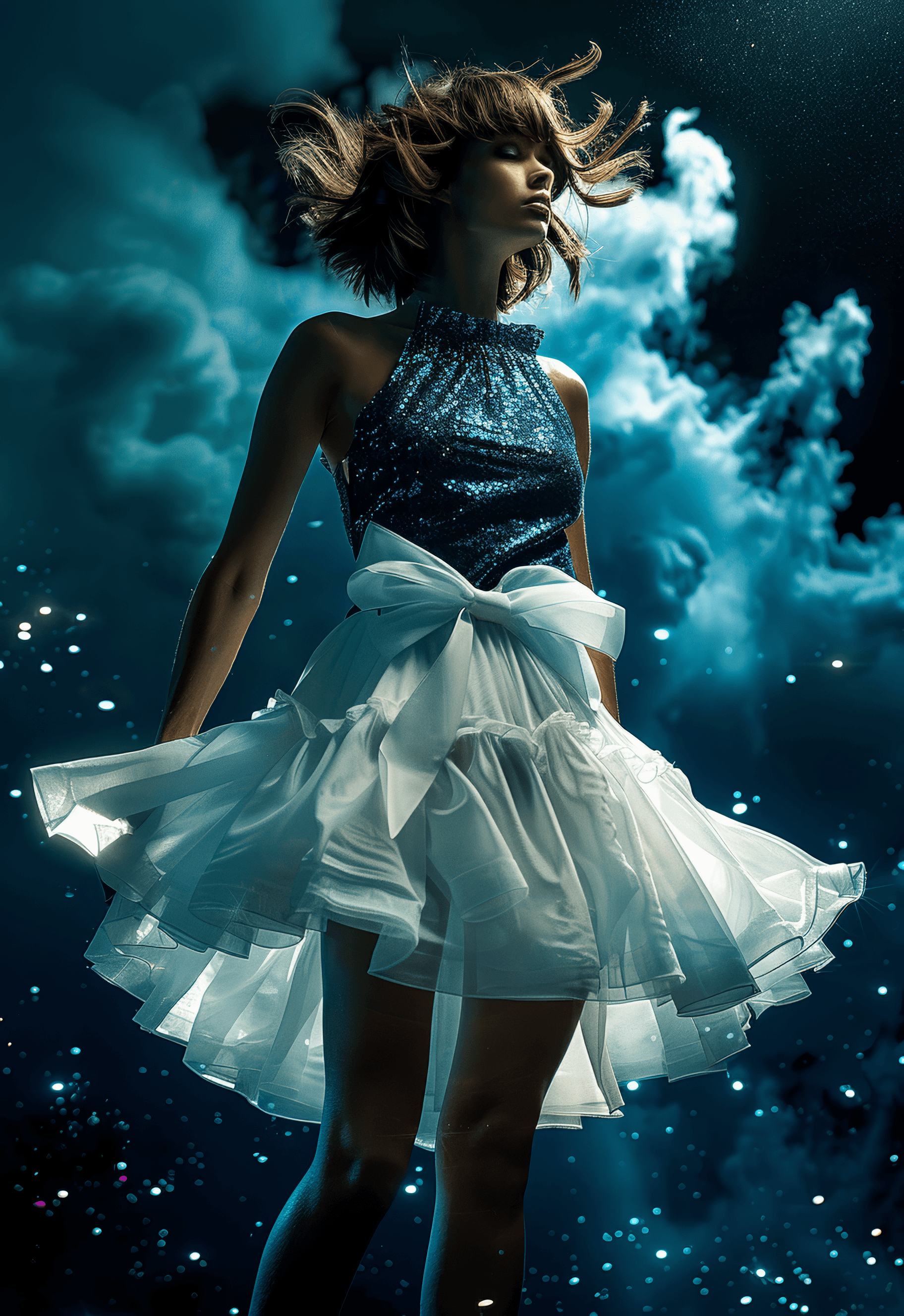 AI generated: the lady wears a top and skirt with a big bow, in the style of lady gaga, dark azure and white, karo...