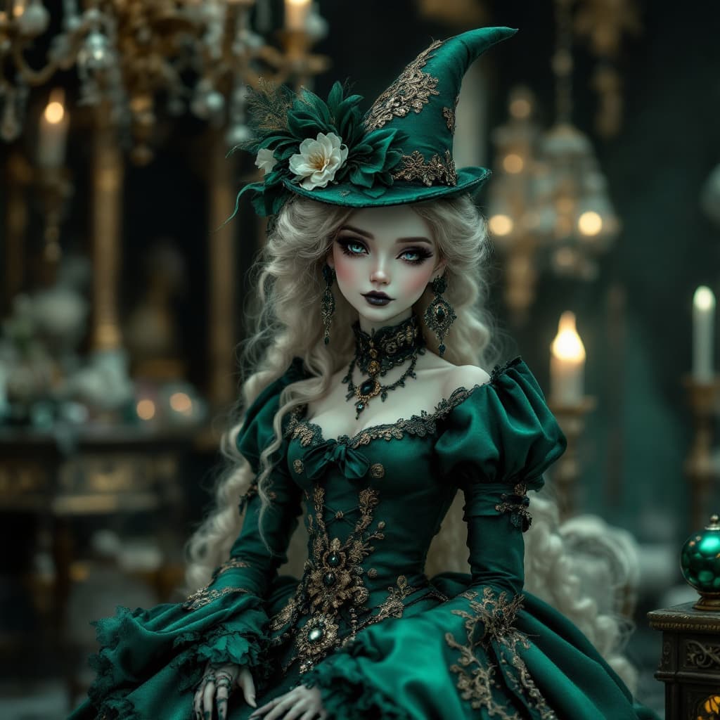 AI generated: Porcelain doll as a Witch as Gothic Lolita Fashion Designer, displaying her elaborate creations in a...
