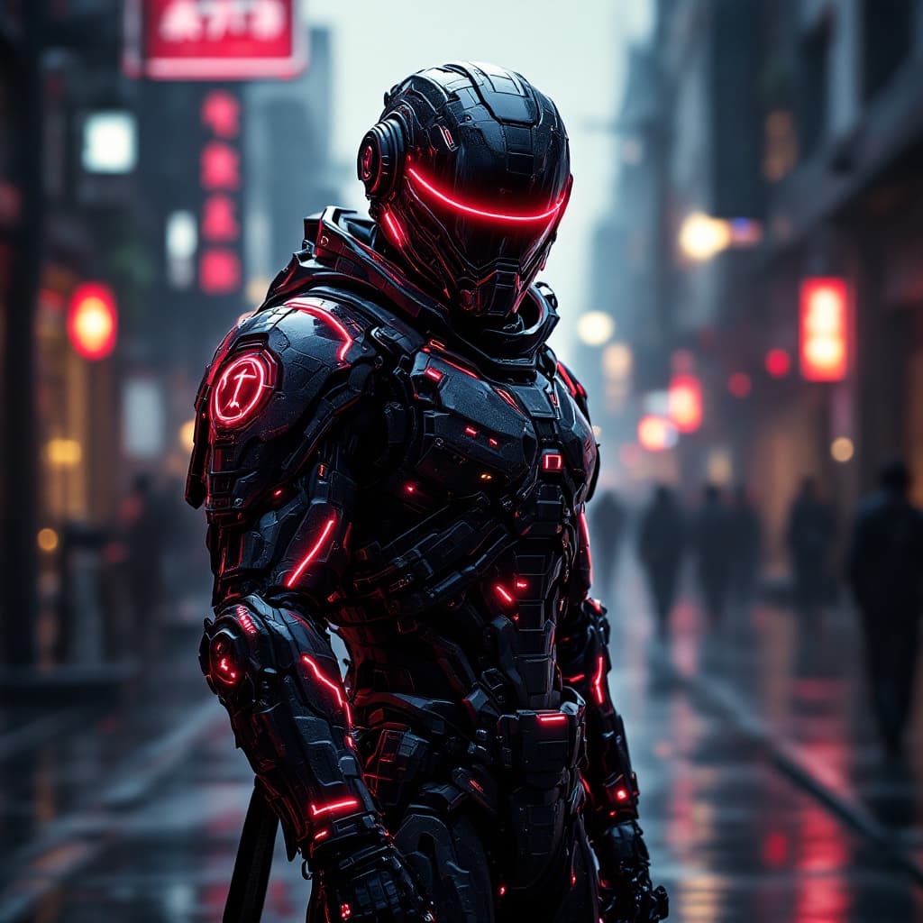 AI generated: Futuristic soldier with advanced armor, weaponry, and helmet, neon red, street, overcast, reflection...
