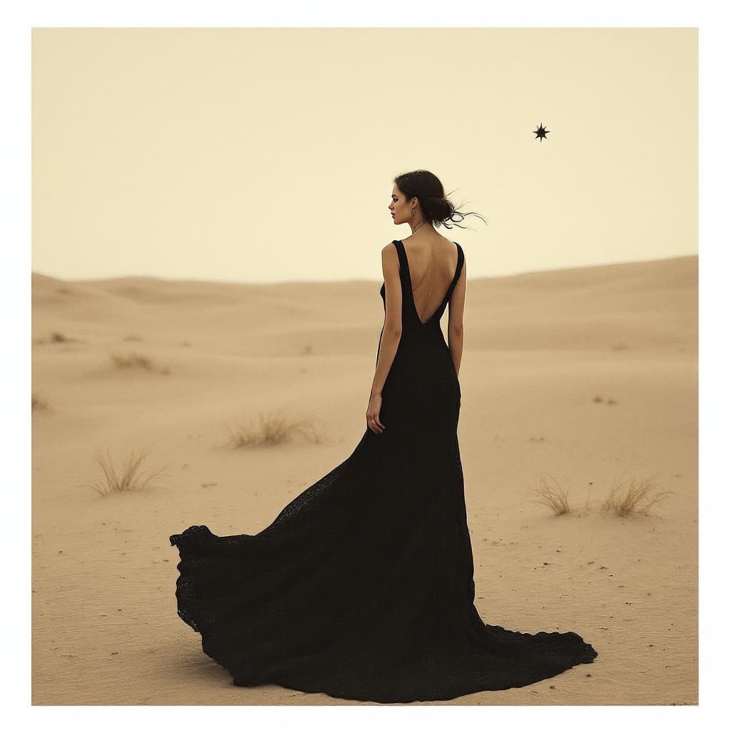 AI generated: A tall woman in a long black dress, with her back to the camera, looking into the distance while sta...