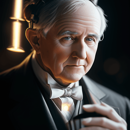 AI generated: Thomas Edison, wearing headsets and eating popcorn sharp focus, studio photo, intricate details, hig...