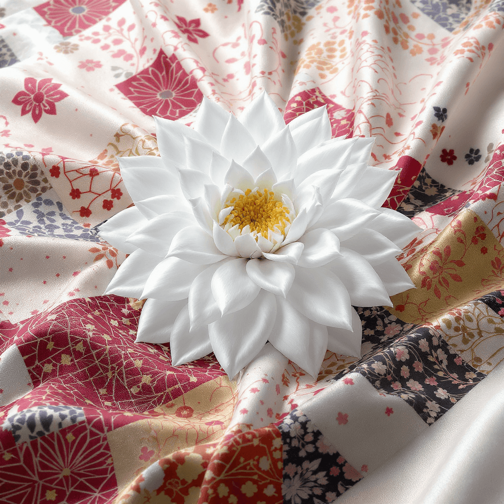 AI generated:  a work of art in glossy satin silk fabric, hyper realistic curly long ribbons, a white chrysanthemu...