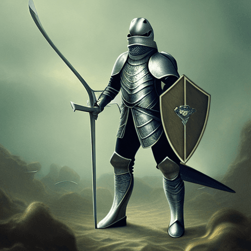 AI generated: Photograph of a shark in an armor, wielding a sword and a shield, high detailed and ornamented