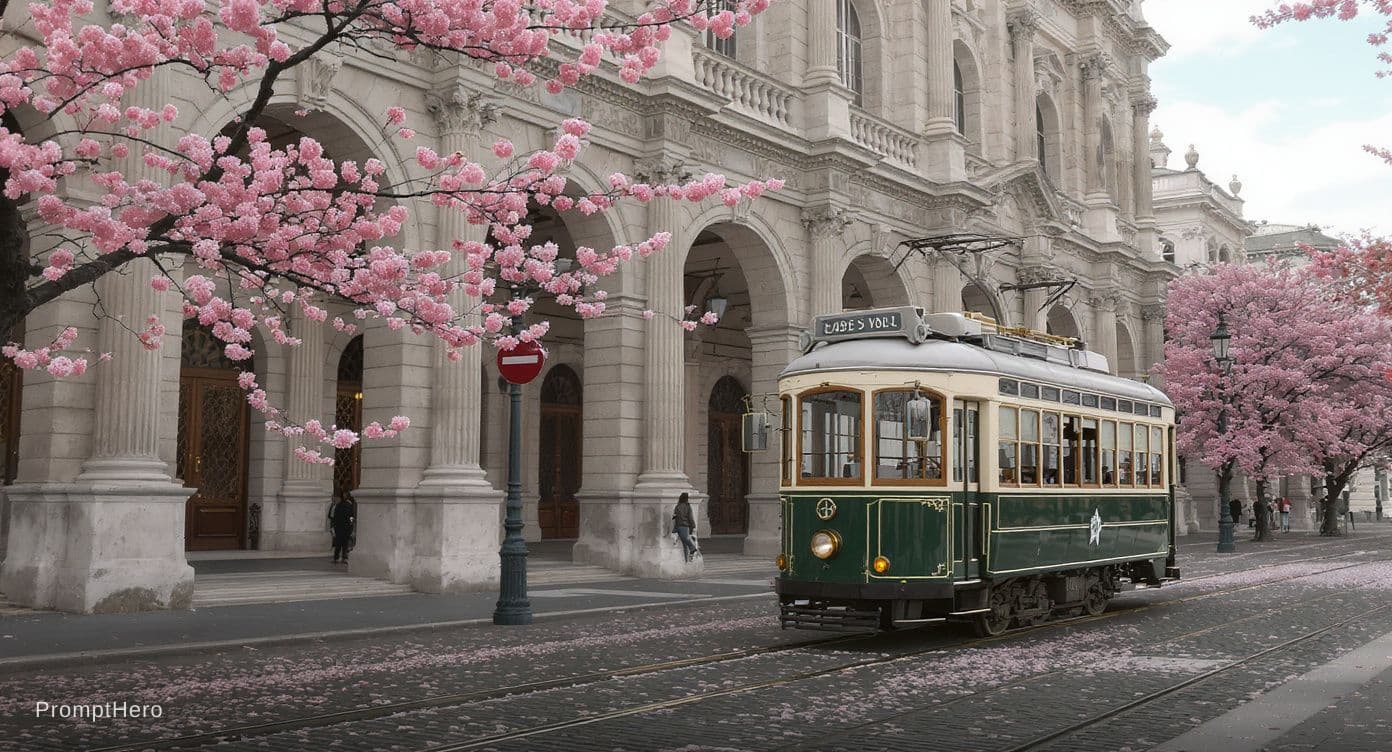 AI generated: Detailed, cinematic, wide-angle photo, capturing a dark emerald green, cream-topped vintage tram, as...
