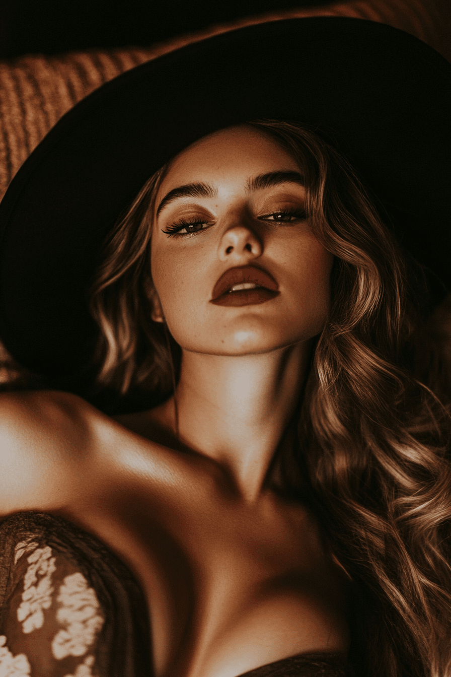 AI generated: a cinematic portrait of a beautiful woman with long wavy blonde hair, wearing a wide-brimmed black h...
