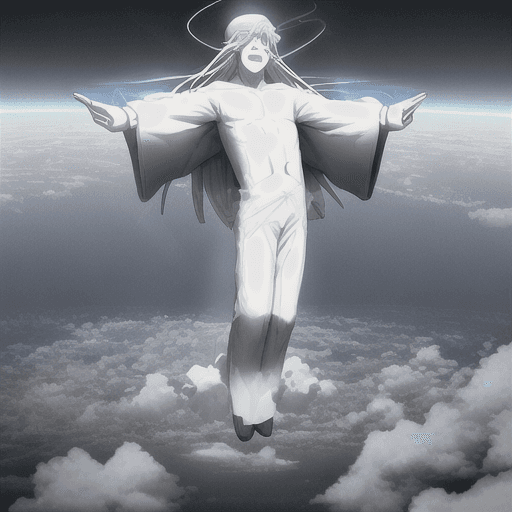 AI generated: happy religous man floating up to heaven:: A 747 plane flying towards the viewer above the clouds,  ...
