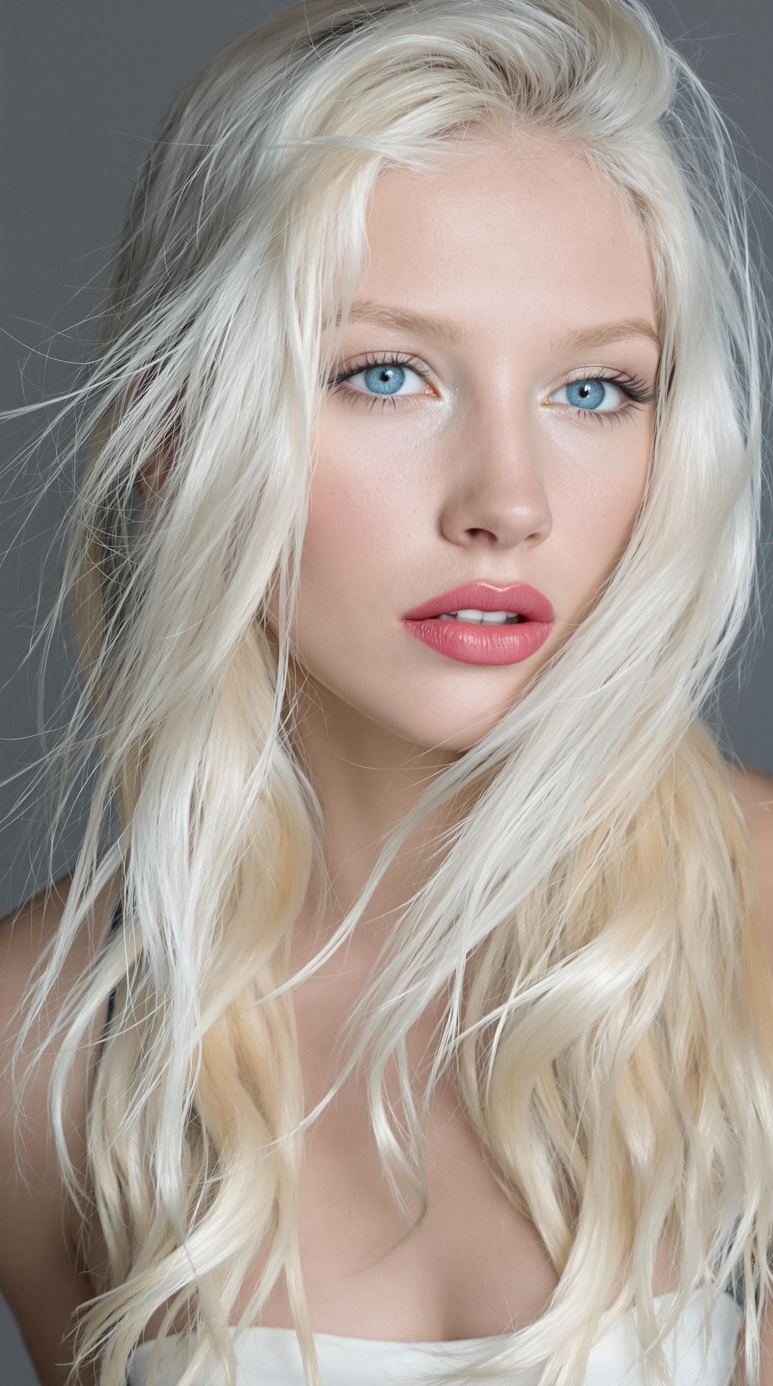 AI generated: "The image is a striking close-up portrait of a model with lustrous, tousled platinum blonde hair ca...