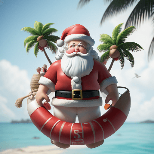 AI generated: A super cute Santa Claus on vacation on a deserted island in August, wearing arm floats and a lifebu...