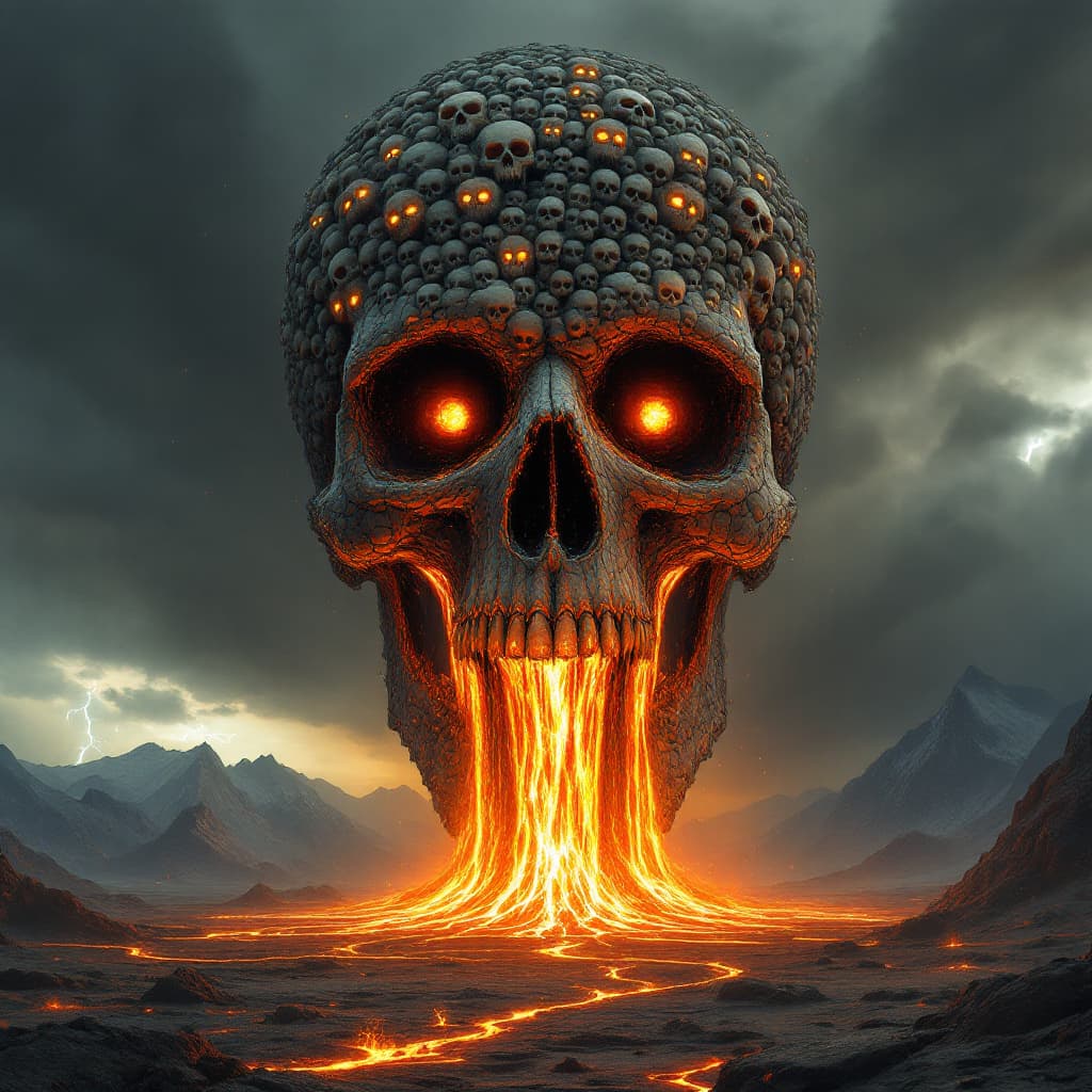AI generated:     A colossal skull ((constructed from countless smaller skulls, like a fractal of bone and death))...