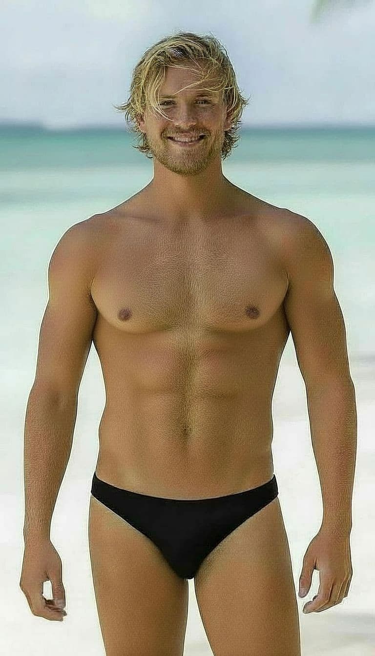 AI generated: Give him more blond stubble on his face
Give him much more blond hair on his chest
Make his should...