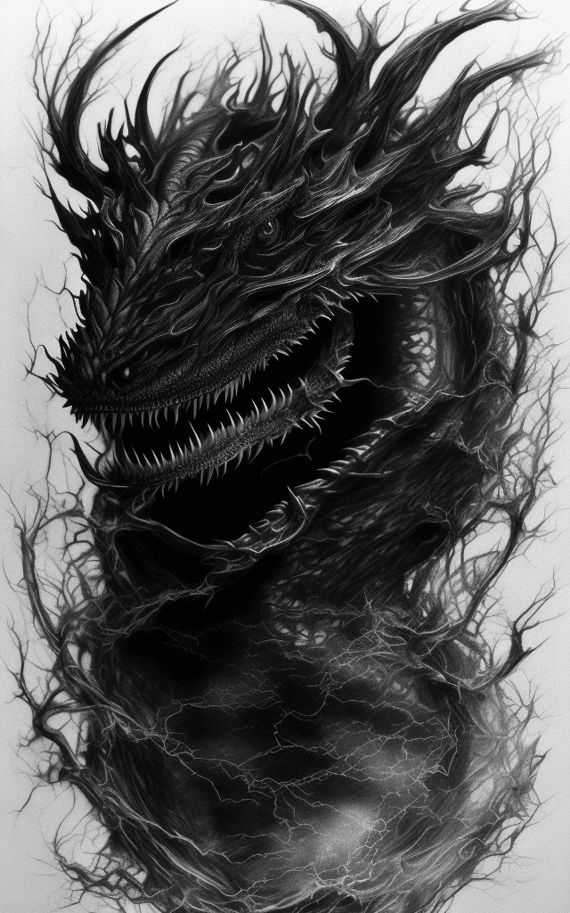 AI generated: Hyper-realistic alcohol tea ink portrait drawing of a dark entropy dragon, (vantablack color) ink ar...