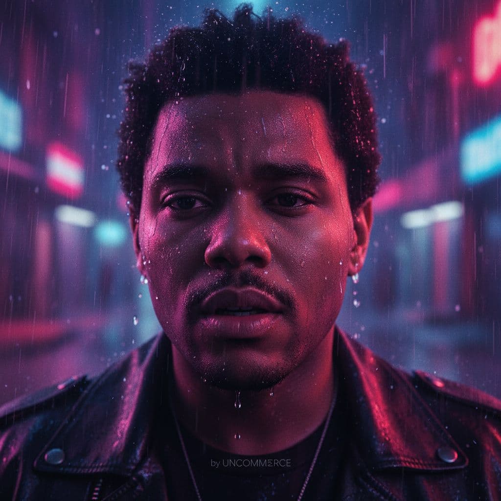AI generated: A cinematic, photorealistic close-up portrait of a man in the rain at night, neon lights reflecting ...