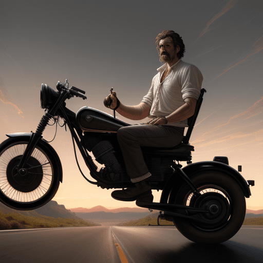 AI generated: realistic of a man riding a ford auto. movie scene, cinematic scene, sunset, road. baroque elements....