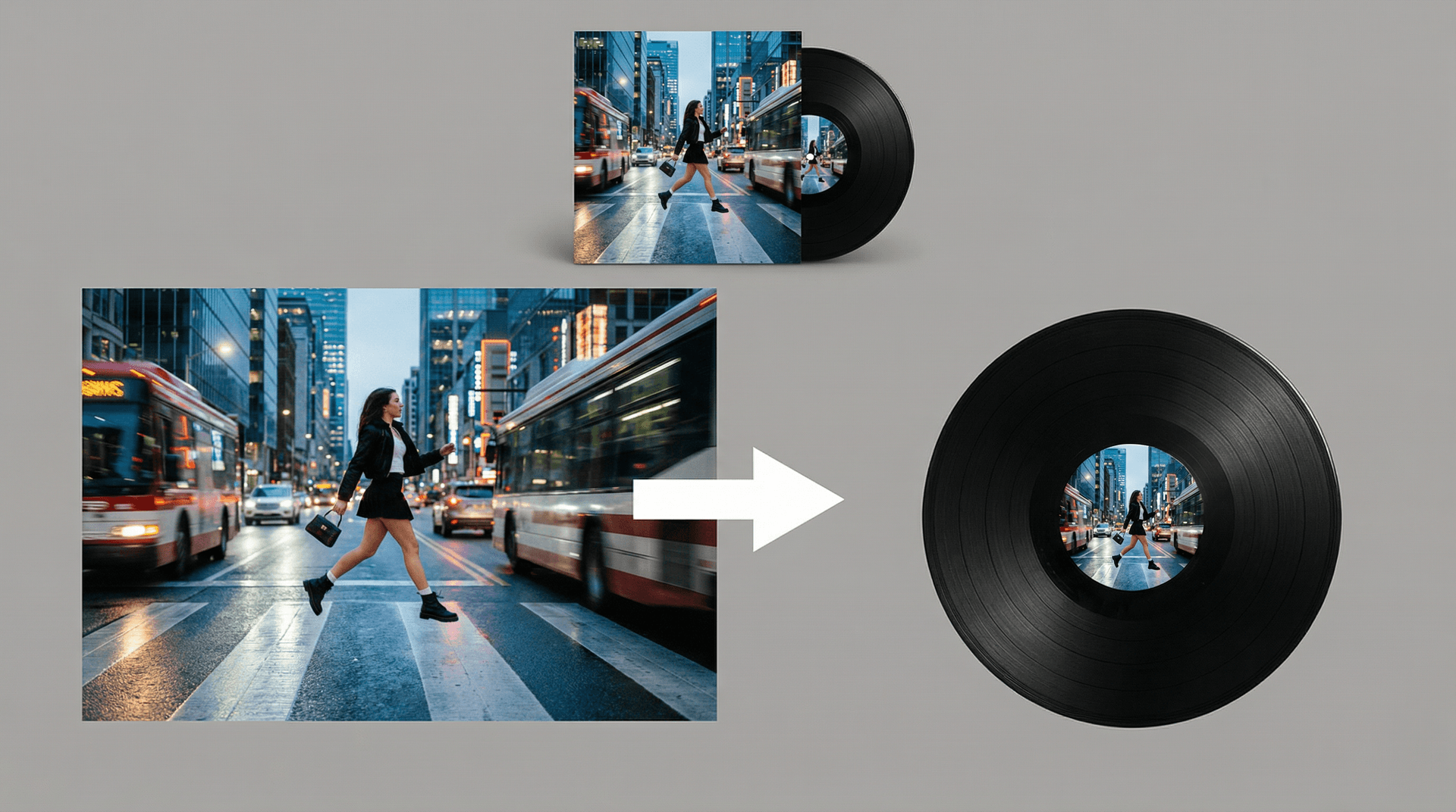 AI generated: split the image between these images, on the right side the vinyl, on the left side the girl, an arr...
