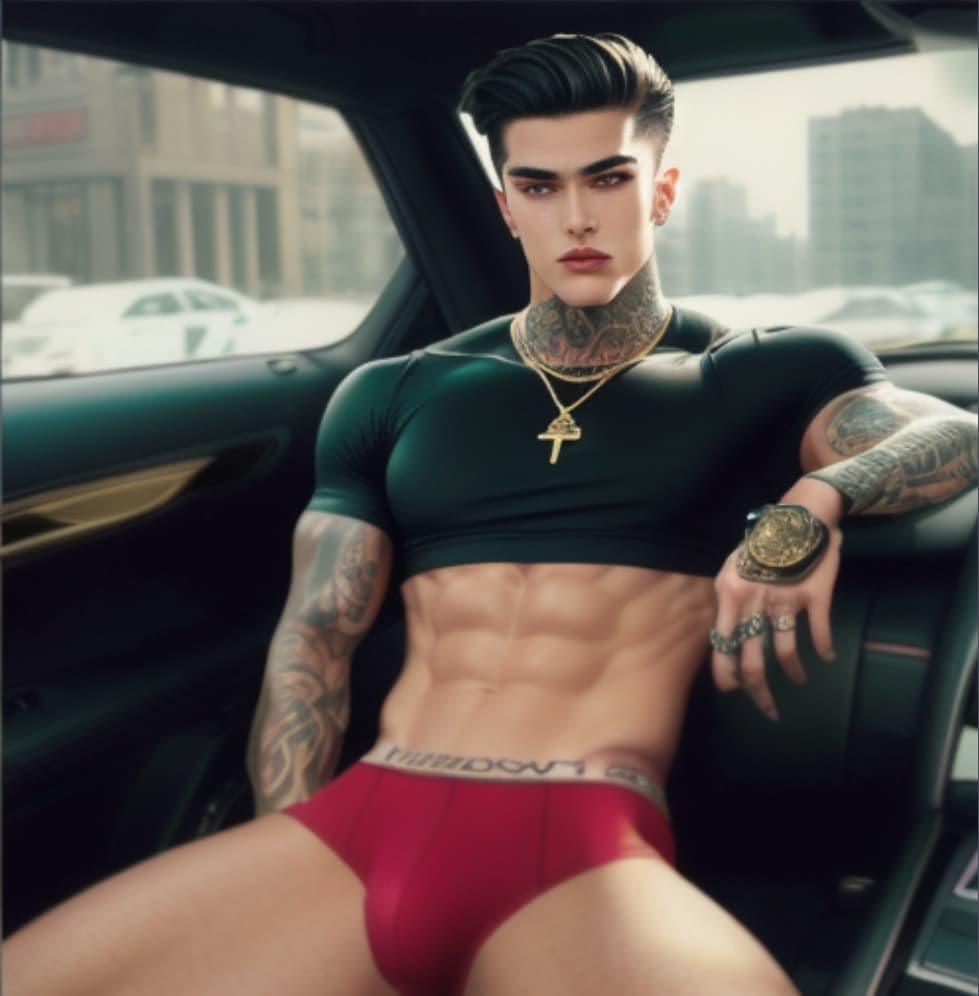 AI generated: A teen with a perfect jawline and face, a 10 pack in a extremely extra short and tight red underwear...