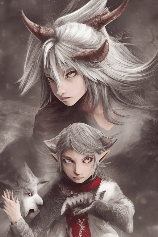 AI generated: ( a cute silver-haired girl with real devil horns patting the wolf), In a stunning fantasy world,bre...