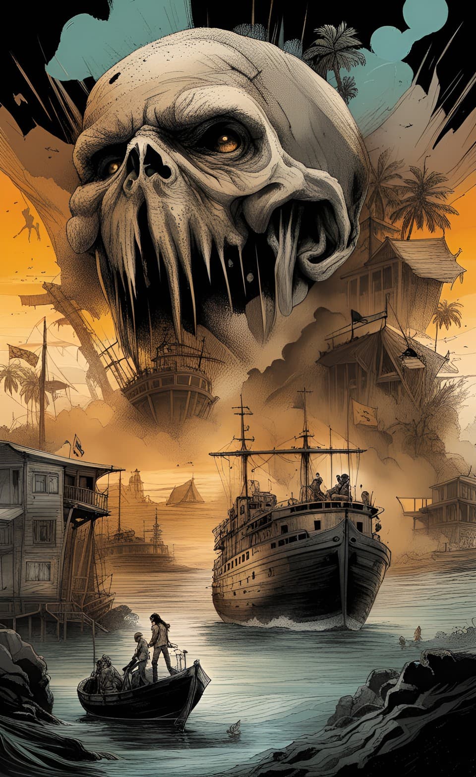 AI generated: A color comic style poster of the island of the dead, human skull figures of the undead, with A penc...