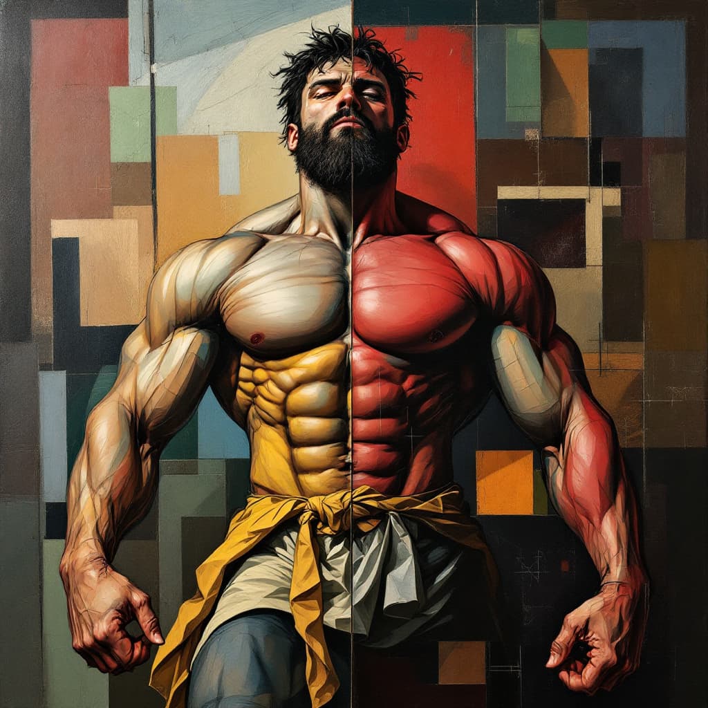 AI generated:  strong muscular man,Create a covered oil painting featuring an unknown motif, blending the styles o...