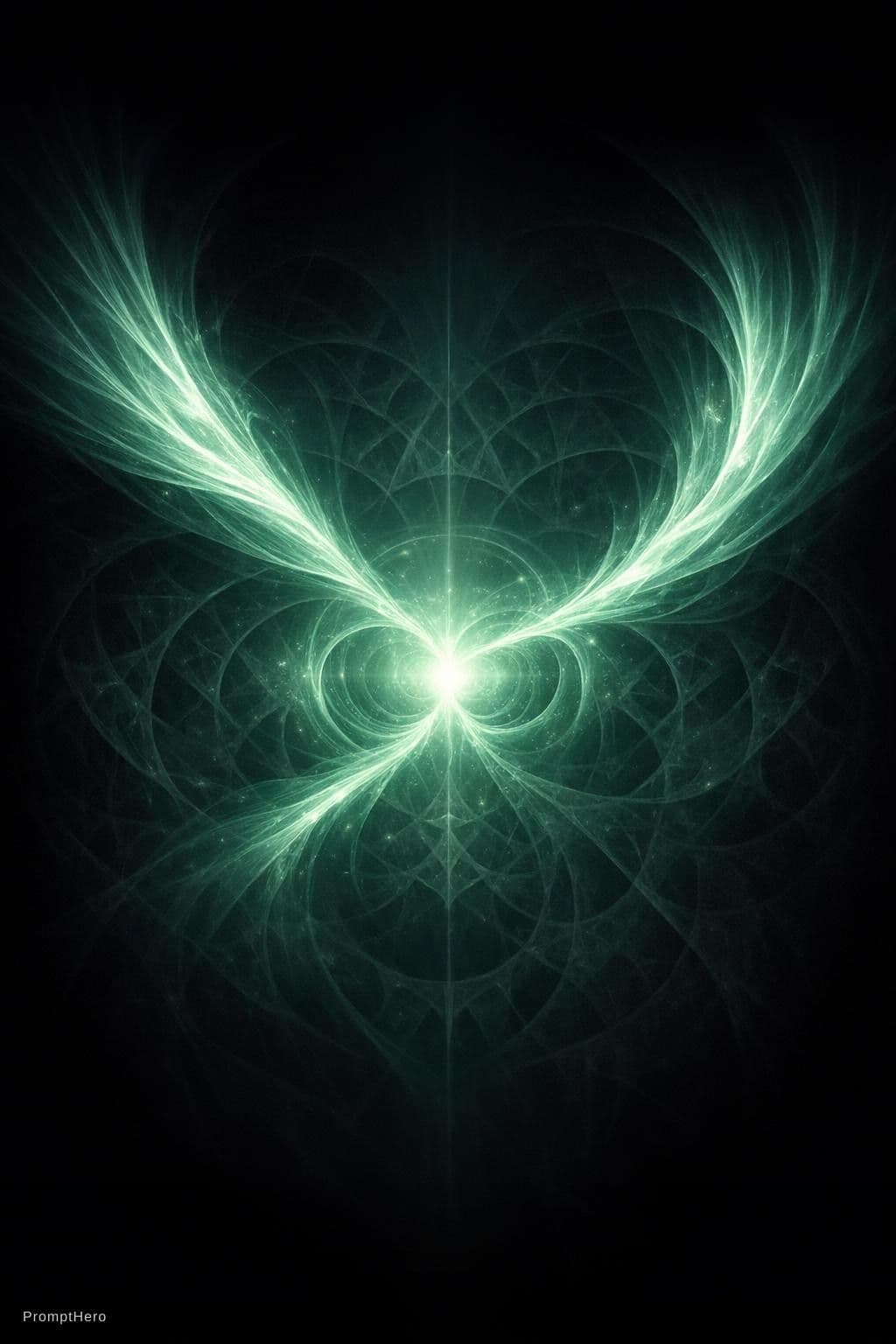 AI generated: Abstract energy vortex in soft emerald light, two spiraling threads converging into a central empath...