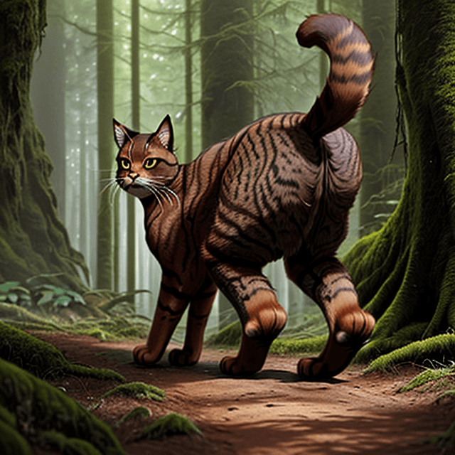 AI generated: frontal view of a nice, wise, giant brown cat walking in a prehistoric forest, looking down, frontal...