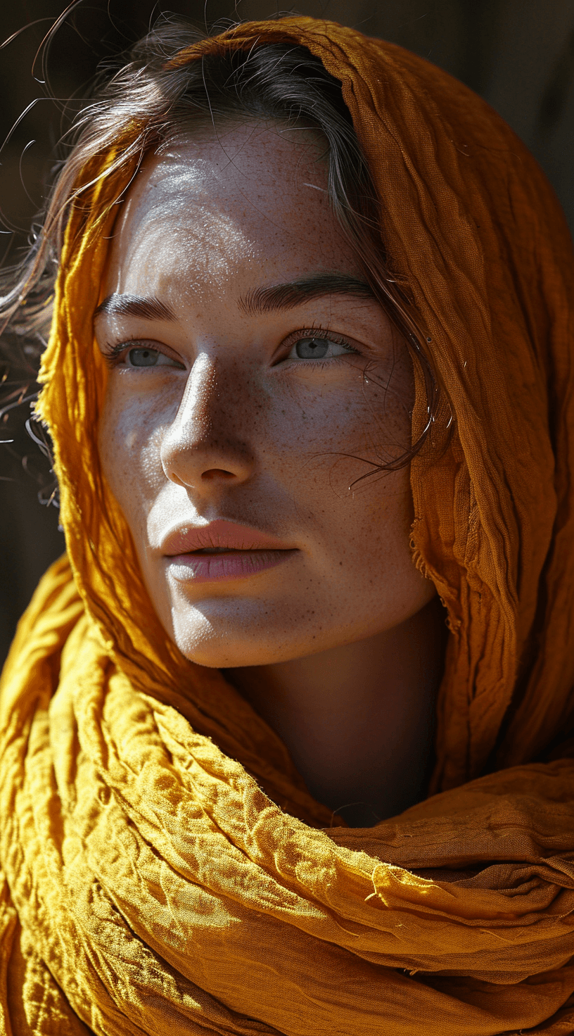 AI generated: a woman wearing a yellow scarf, in the style of biblical drama, light brown and amber, desertwave, a...