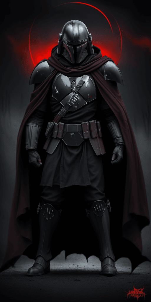 AI generated: evil, dark, psycho, Mandalorian, ominous atmosphere, mysterious figure, glowing red eyes, menacing p...